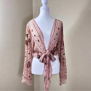 🌟 Tattered Rose Pink Floral Embroidered Silk Top, Long Bell Sleeve Front Tie